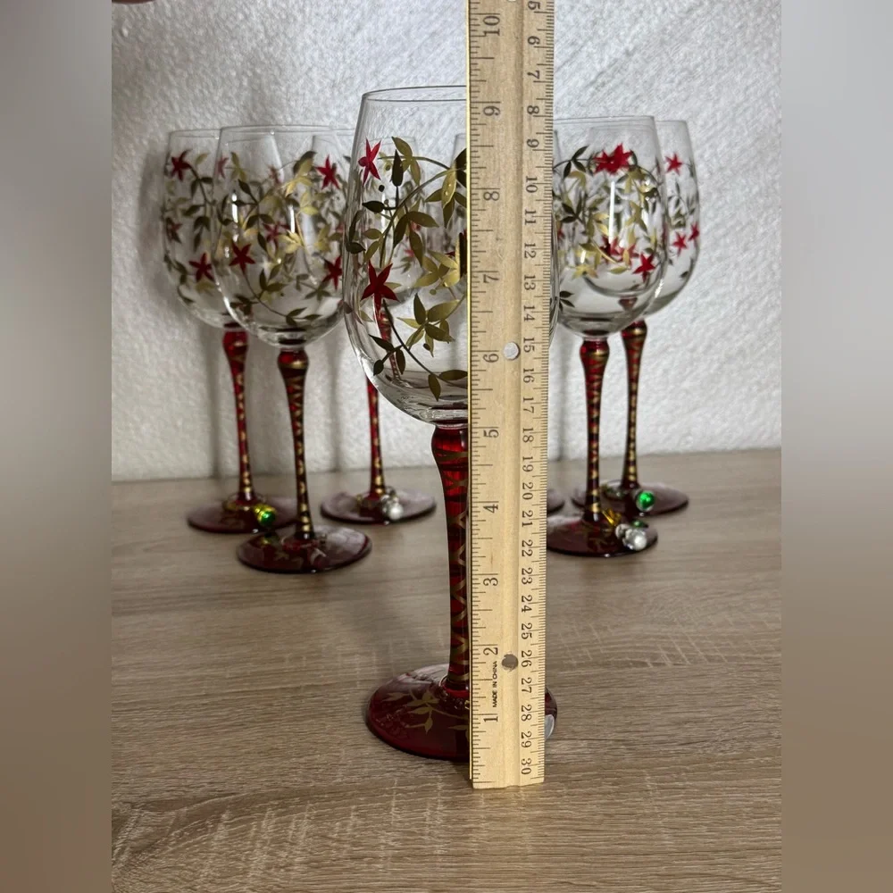 Pier 1 Hand Painted Floral Designs Gold Leaf Glass Water Goblet Set of 7 Glasses